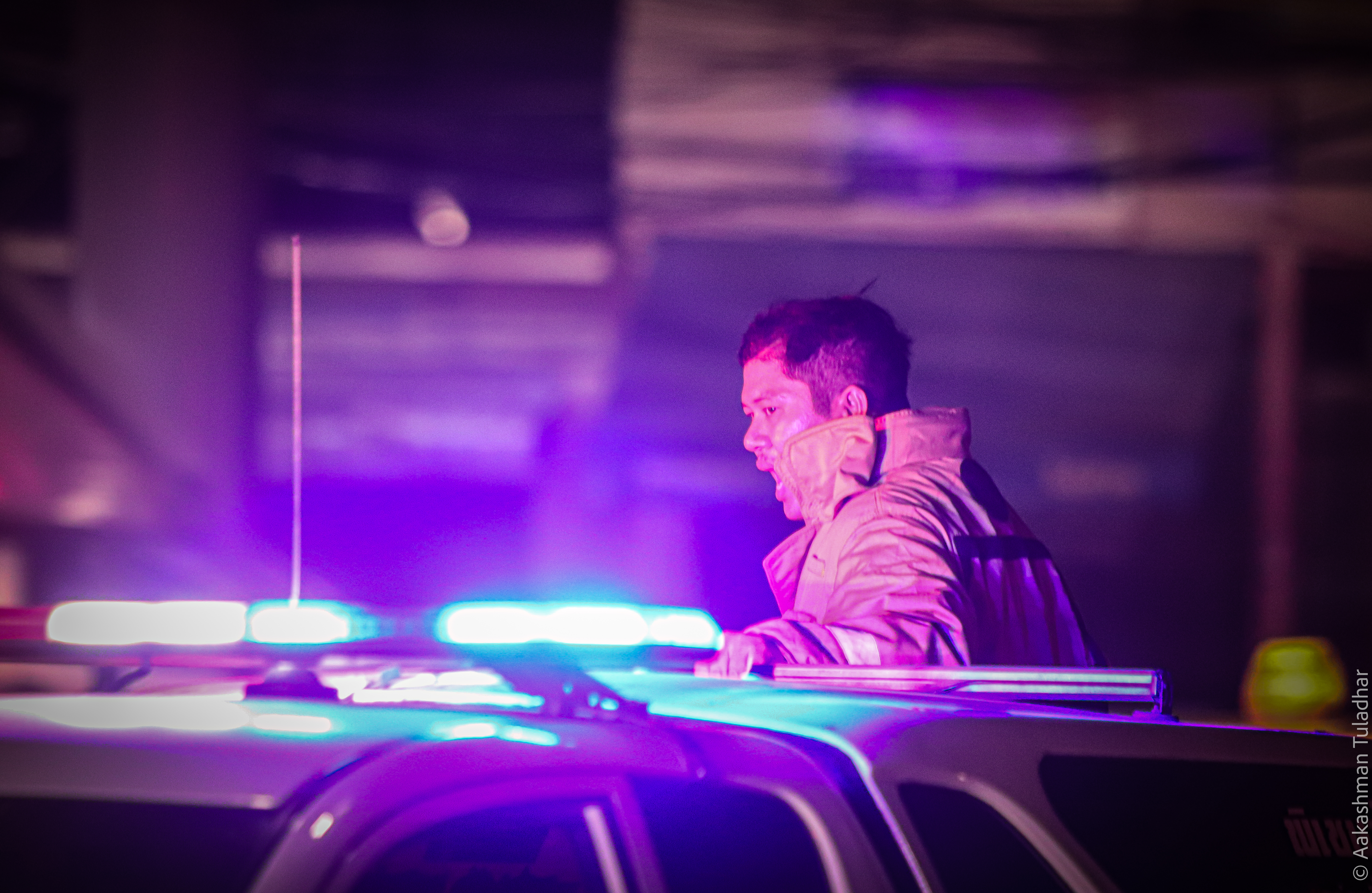 Emergency responder speaking with a resident after a fire